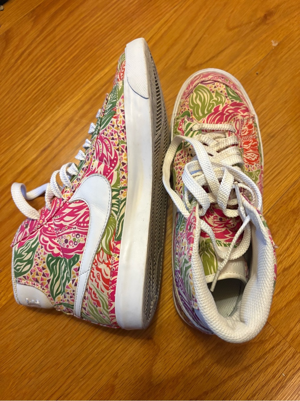 Nike Women's Floral High-Top Sneakers in Pink, Green & White